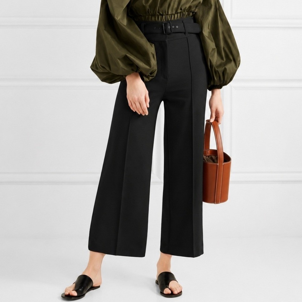 Veronica Beard Black Lyla Belted Crop High Waist Crepe Wide Leg Pants Size 8